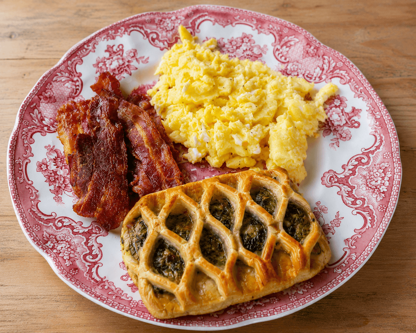 A plate featuring scrambled eggs, crispy bacon, and a pastry with a lattice top, all on a decorative red and white plate.