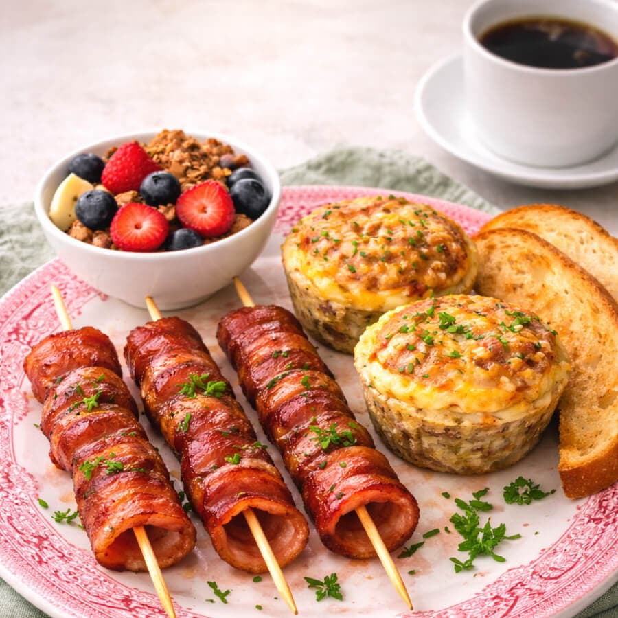 A colorful breakfast plate featuring bacon-wrapped skewers, egg muffins, toast, and a bowl of mixed fruit with granola, accompanied by a cup of coffee.